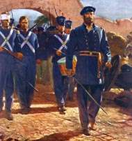 a formation of Mairnes wearing blue uniforms march through the gates of Mexico City, led by a drummer and officer with drawn sword