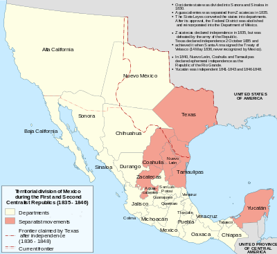 A map of Mexico, 1835–46, showing administrative divisions