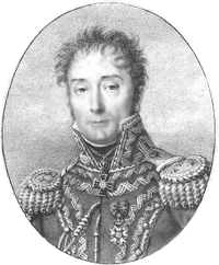 Black and white print of a man with hair that looks like its being blown. He wears an elaborate high-collared military uniform with epaulettes and unusual braiding.