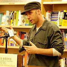 Arndt in 2007, speaking at Cody's Books about Little Miss Sunshine.