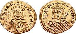 Two gold coins with busts of Michael and Theophilos