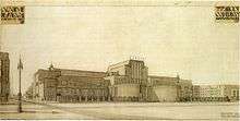 Drawing of a long, low building