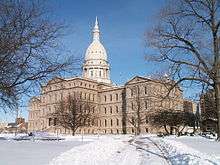 The Michigan State Capitol building in winter