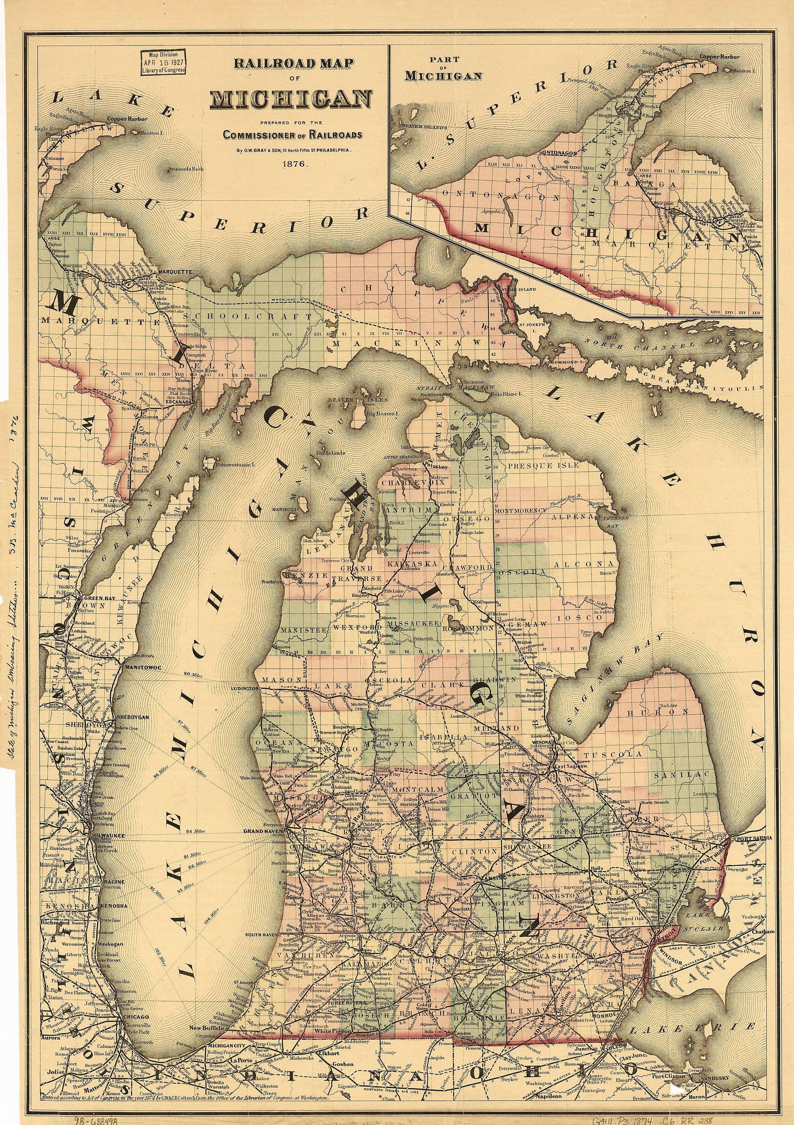 In 1873, railroads connected Northern Michigan port cities of Ludington, Traverse City and Petoskey. By 1880 the Great Lakes region would dominate logging, with Michigan producing more lumber than any other state.