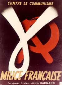 Maroon poster, with white Greek letter gamma covering red hammer and sickle