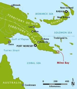 Map shows Australia's northern tip and Papua-New Guinea. Milne Bay lies at the tip of the "tail" of Papua, east of Port Moresby and south of Rabaul.