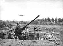 A airstrip lined with coconut palms. A single-engined propeller-driven monoplane hovers over the airstrip. In the foreground there is a large hole in the ground, about knee deep. There are six shirtless men in shorts inside the pit with an antiaircraft gun, which is pointed at the sky. One man sits on a seat on the gun while another scans the sky with binoculars.