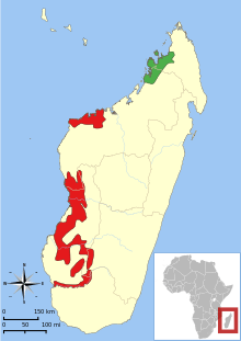Map of Madagascar, off the southeast coast of Africa, with a range covering parts of the west and northwest.