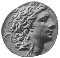 Photo of an ancient coin shows a clean-shaven man with wavy hair.