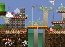 A scenery full of platforms, blocks and fences in the style of the Super Mario Bros. video game. On a platform, a boy wearing a baseball cap throws a bolt of lightning and in another stand a round, pink creature wearing red shoes stands still.