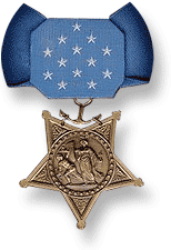 Bronze star-shaped medal, hanging point-downward from a blue ribbon wih 13 stars on it