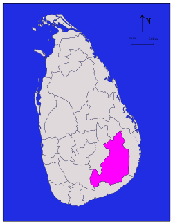 Area map of Monaragala District, located east of the centre of the country, has its south eat border extending towards the west, in the Uva Province of Sri Lanka