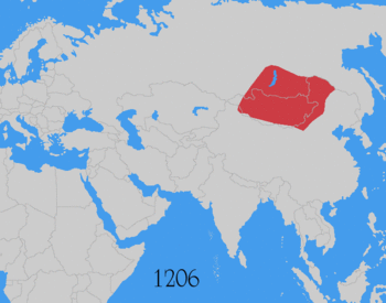 An animated map showing the expansion of the Mongol Empire. The first slide, the year 1206, shows the Mongol controlled area as being about twice the size of modern-day Mongolia, located in modern-day Mongolia and to its north, in modern-day south-central Russia. Over the years it expands, most rapidly towards the west until 1227, then to the west and the south. By 1279 all of the territory in the modern People's Republic of China is under Mongol control, and has reached as far west as present day Germany. By 1294, the empire has split into four parts, with the area encompassing the modern day People's Republic, as well as modern day Mongolia and some parts of southern Russia, under the control of the Mongol Yuan dynasty.
