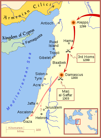 Map of the eastern coast of the Mediterranean, showing Cilicia to the north, part of the island of Cyprus, and various cities south of the Euphrates river. Red arrows show the direction of Mongol troop movements and raids, reaching as far south as Gaza