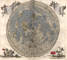 On an open folio page is a carefully drawn disk of the full moon. In the upper corners of the page are waving banners held aloft by pairs of winged cherubs. In the lower left page corner a cherub assists another to measure distances with a pair of compasses; in the lower right corner a cherub views the main map through a handheld telescope, whereas another, kneeling, peers at the map from over a low cloth-draped table.