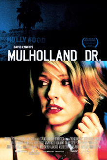 Theatrical release poster showing the film's title against a dark blue image of the Hollywood sign in Los Angeles atop another still shot of Laura Elena Harring in a blonde wig staring at something off camera toward the lower right corner.