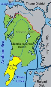 Mumbai is on a narrow peninsula on the southwest of Salsette Island, which lies between the Arabian Sea to the west, Thane Creek to the east, and Vasai Creek to the north. Mumbai's suburban district occupies most of the island. Navi Mumbai is east of Thane Creek, and the Thane District is north of Vasai Creek.