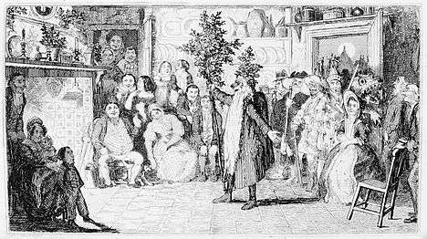 Engraving showing a hunchback Old Father Christmas in an 1836 mummers play