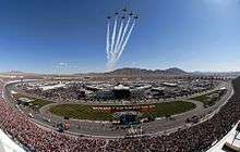 The U.S. Air Force Thunderbirds flying over the Las Vegas Motor Speedway before the race.