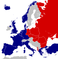 A map of Europe showing several countries on the left in blue, while ones on the right are in red. Other unaffiliated countries are in white.