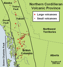 Map of the Northern Cordilleran Volcanic Province and location of nearby fault zones. The volcanoes fall into the region between the two faults.