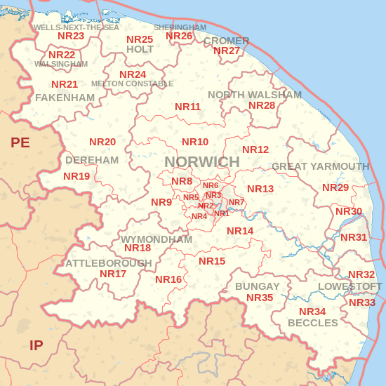 NR postcode area map, showing postcode districts, post towns and neighbouring postcode areas.