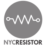 A gray circle with an electronic resistor symbol in the center; below it reads the text "NYC RESISTOR"