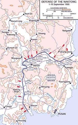 A map of troop movements against a defensive line on the southeastern tip of a landmass