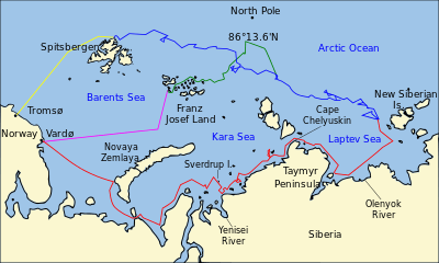 The eastern Arctic Ocean, including the Barents, Kara and Laptev Seas, showing the area between the North Pole and the Eurasian coast. Significant island groups (Spitsbergen, Franz Joseph Land, Novaya Zemlya, New Siberian Islands) are indicated.