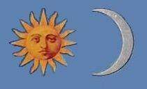 A blue flag, depicting a sun (with a face) and a crescent
