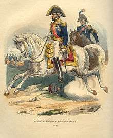 Color print of a determined-looking man riding a white horse while wearing a blue coat with gold epaulettes, white breeches, black knee boots, and a two-cornered fore-and-aft hat