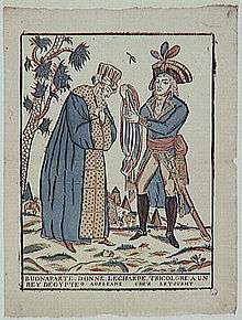 A man in a late 17th-century French military uniform, wearing a bicorne hat decorated with three large plumes or leaves stands on the right of the image, a sheathed sword at his left side. He is presenting a red white and blue scarf to a full-bearded man on the left of the image. The man accepting the scarf stands with his head slightly bowed and palms crossed and flat on his chest, wearing a large square turban and long blue and gold caftan that reaches his feet. To his left is a palm tree, and in the far background pyramids and camels.