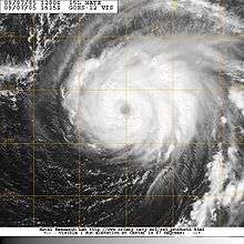 Satellite image of hurricane. An eye feature is visible near the center.