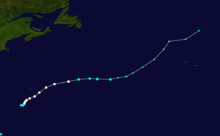 Track map of hurricane. The United States are seen on the western end of the map, while Bermuda is located closer to the center.