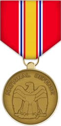 The obverse view of the medal shows the American bald eagle, perched on a sword and palm. Above this, in a semicircle, is the inscription National Defense.