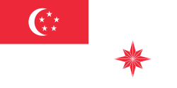 A red rectangle at the top left corner of the flag, charged with a white crescent and five white stars arranged in a pentagon. The rest of the flag is coloured white. At the bottom right part of the flag is an eight pointed star that is red.
