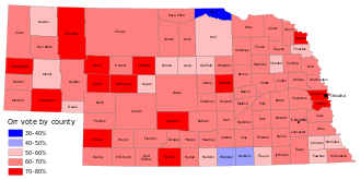 Map of Nebraska, mostly red; one blue county on northern border, and two blue ones on southern border