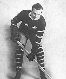 Hockey player, with a large capital M on the front of his sweater, leans over his stick posing in typical fashion for a photo
