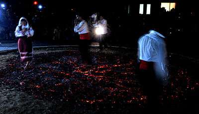 Villagers dancing in the nestinarstvo fire ritual in Bulgaria