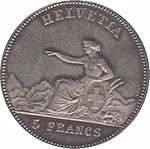 Helvetia seated, pointing left, holding Swiss shield. Legend above, denomination below.