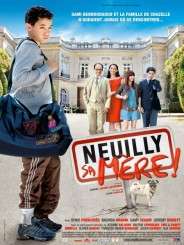 DVD cover depicting in the foreground an Arab boy with a duffel bag, and in the background a family standing in front of a fancy house. The words Neuilly sa mère ! are visible in front of the family.