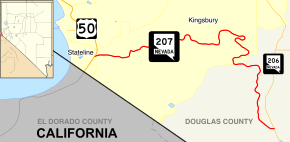Nevada State Route 207 starts near the shores of Lake Tahoe and runs east through Daggett Pass to meet SR206 near Minden.