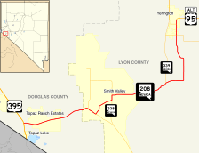 Nevada State Route 208 begins near the California border, and runs east-northeast to Lyon County before heading north to Yerington