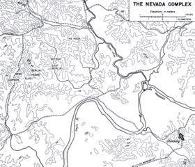 A black and white map depicting UN outposts which are located in a line centrally on the left of the map, including Carson, Reno, Elko, Vegas, Berlin, East Berlin and Detroit and The Hook, which is depicted to their right in the middle of the map. Numerous contour lines detail the terrain of the area, while roads are depicted running both horizontally and vertically. To the south, the Imjin River runs from east to west, turning south, before hooking north and then again to the south, while the Samichon River runs from the north to the west on the right of the map before meeting the Imjin River at their confluence. To the bottom right is the town of Choksong, which is depicted to the south of the river.