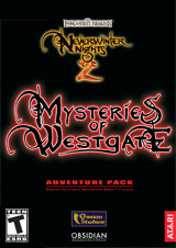 The game box cover, predominantly black with stylized red text reading "Mysteries of Westgate"
