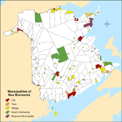 Map showing locations of all of New Brunswick's municipalities