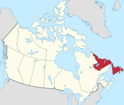 Map of Canada with Newfoundland and Labrador highlighted in red