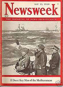 Cover of Newsweek 13 May 1940 Mussolini saluting navy revue from shore "Il Duce: key man of the Mediterranean".