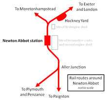 A map of the railway lines radiating from Newton Abbot to (clockwise from top left) Moretonhampstead, London, Paignton and Penzance. Not to scale.