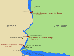 A river cuts the land into New York (east) and Ontario (west).  Three bridges spans the river at different points.